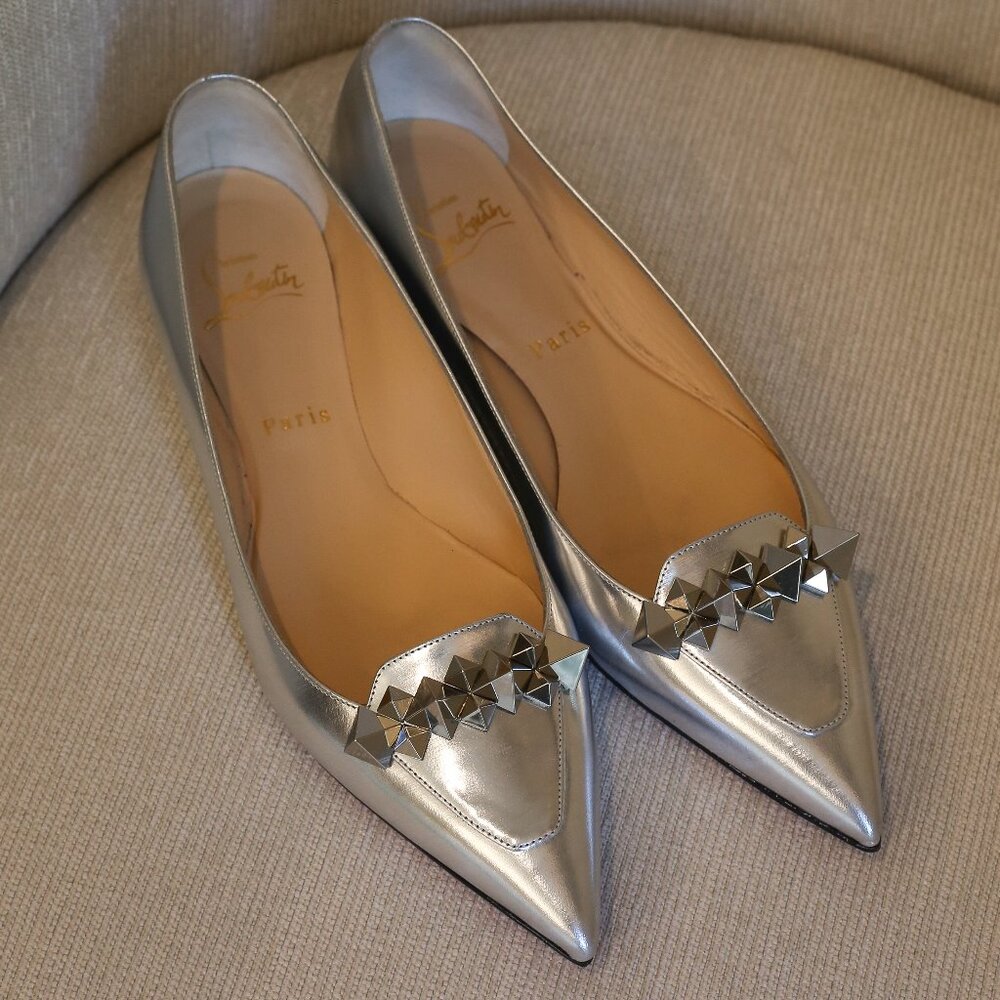 Silver Christian Louboutin Spiked Flats - Picture 3 of 10